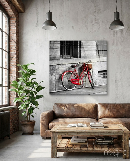Red Bicycle Glass Wall Art - Lifestyle preview in a designer interior