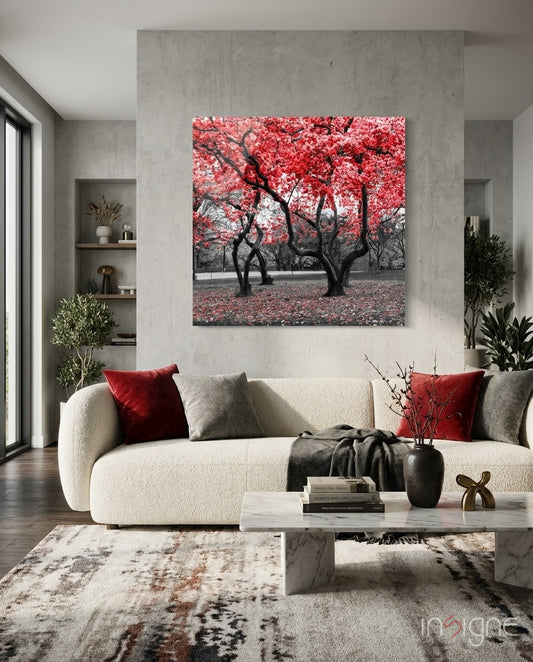 Red Tree Glass Wall Art - Lifestyle preview in a designer interior
