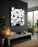 Black and White Flowers Glass Wall Art - Lifestyle preview in a designer interior
