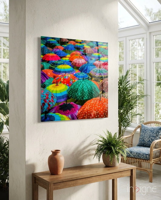 Colorful Umbrellas Glass Wall Art - Lifestyle preview in a designer interior
