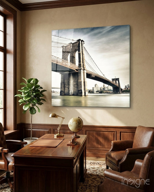 Brooklyn Bridge Glass Wall Art - Lifestyle preview in a designer interior