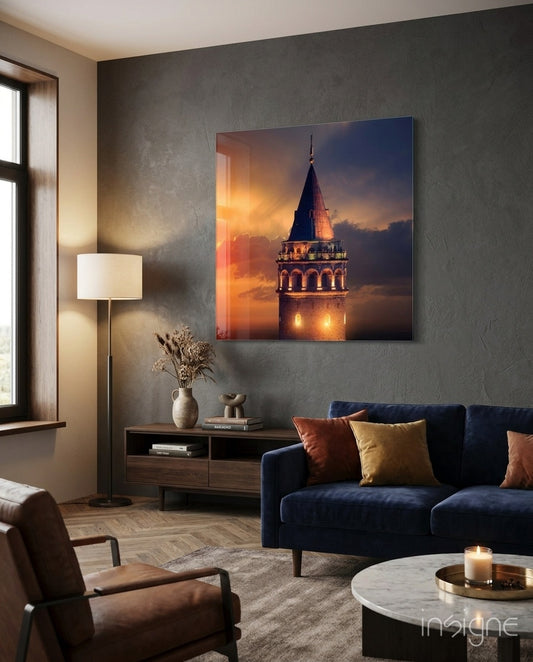 Galata Tower Glass Wall Art - Lifestyle preview in a designer interior
