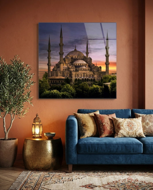 Blue Mosque Glass Wall Art - Lifestyle preview in a designer interior