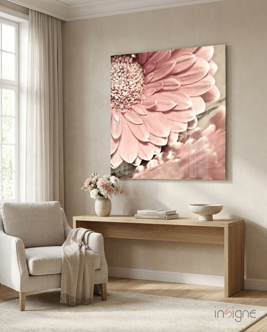 Pink Flower Glass Wall Art - Lifestyle preview in a designer interior