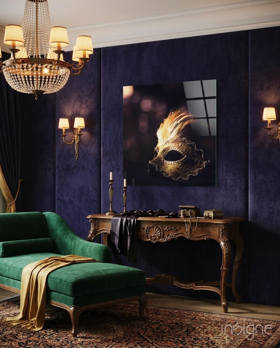 Prom Mask Glass Wall Art - Lifestyle preview in a designer interior