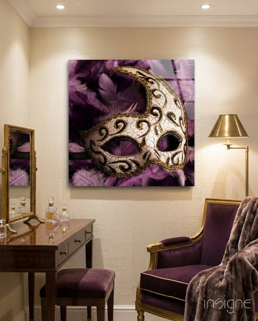 Prom Mask Glass Wall Art - Lifestyle preview in a designer interior