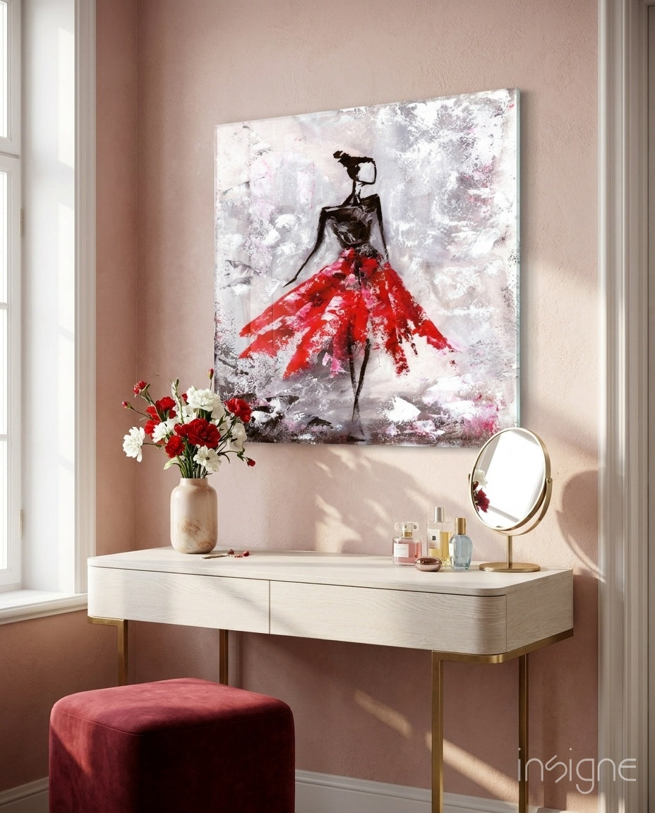 Female (Red) Glass Wall Art - Lifestyle preview in a designer interior