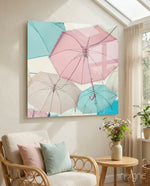 Colorful Umbrellas Glass Wall Art - Lifestyle preview in a designer interior