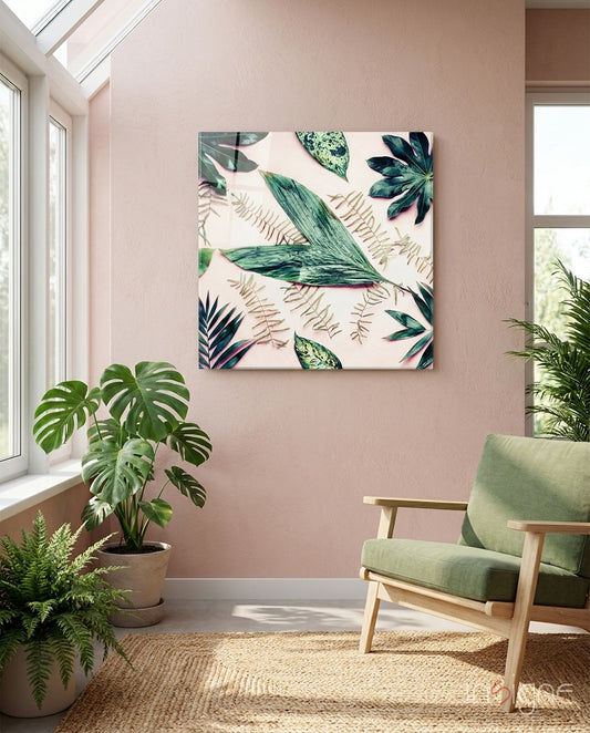 Tropical Leaves Glass Wall Art - Lifestyle preview in a designer interior