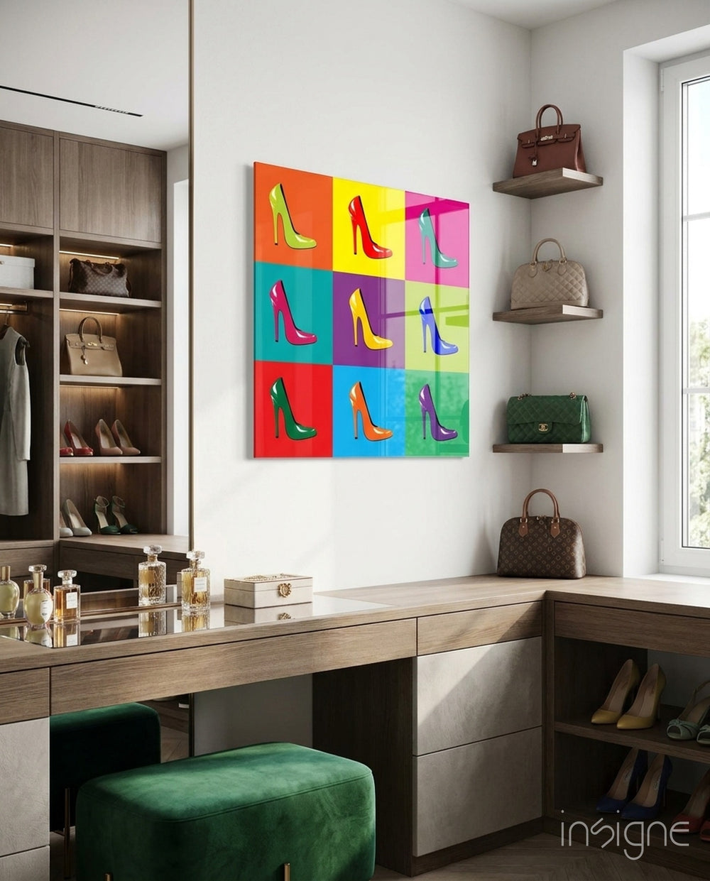 Colored Shoes Glass Wall Art - Lifestyle preview in a designer interior
