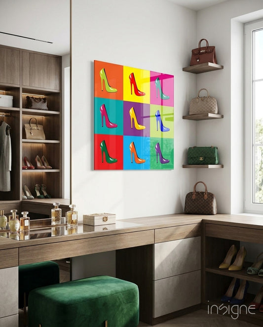 Colored Shoes Glass Wall Art - Lifestyle preview in a designer interior
