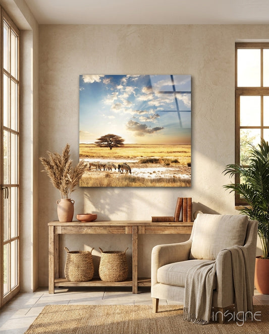 Africa (Wide Meadow) Glass Wall Art - Lifestyle preview in a designer interior
