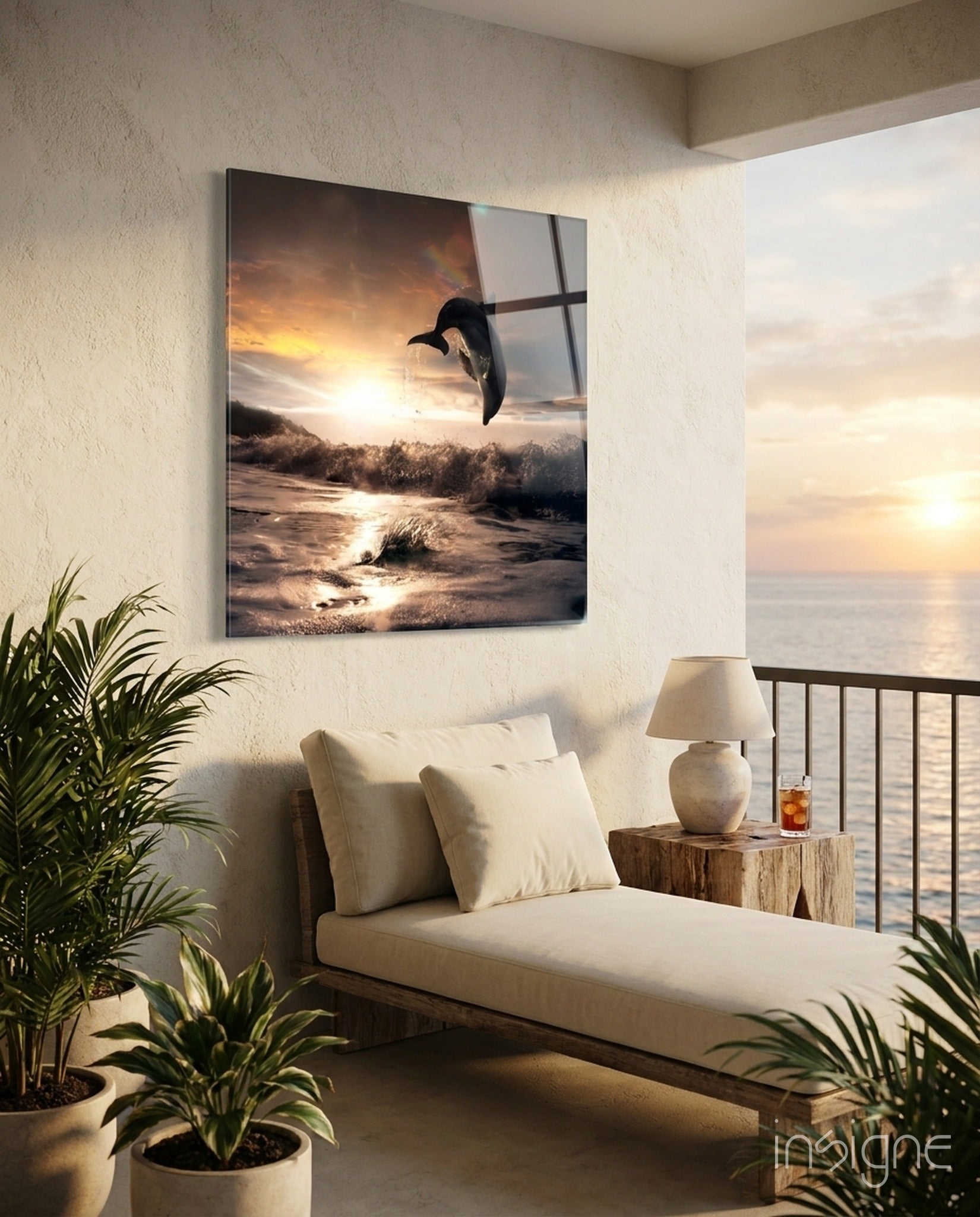 Dolphin Glass Wall Art - Lifestyle preview in a designer interior