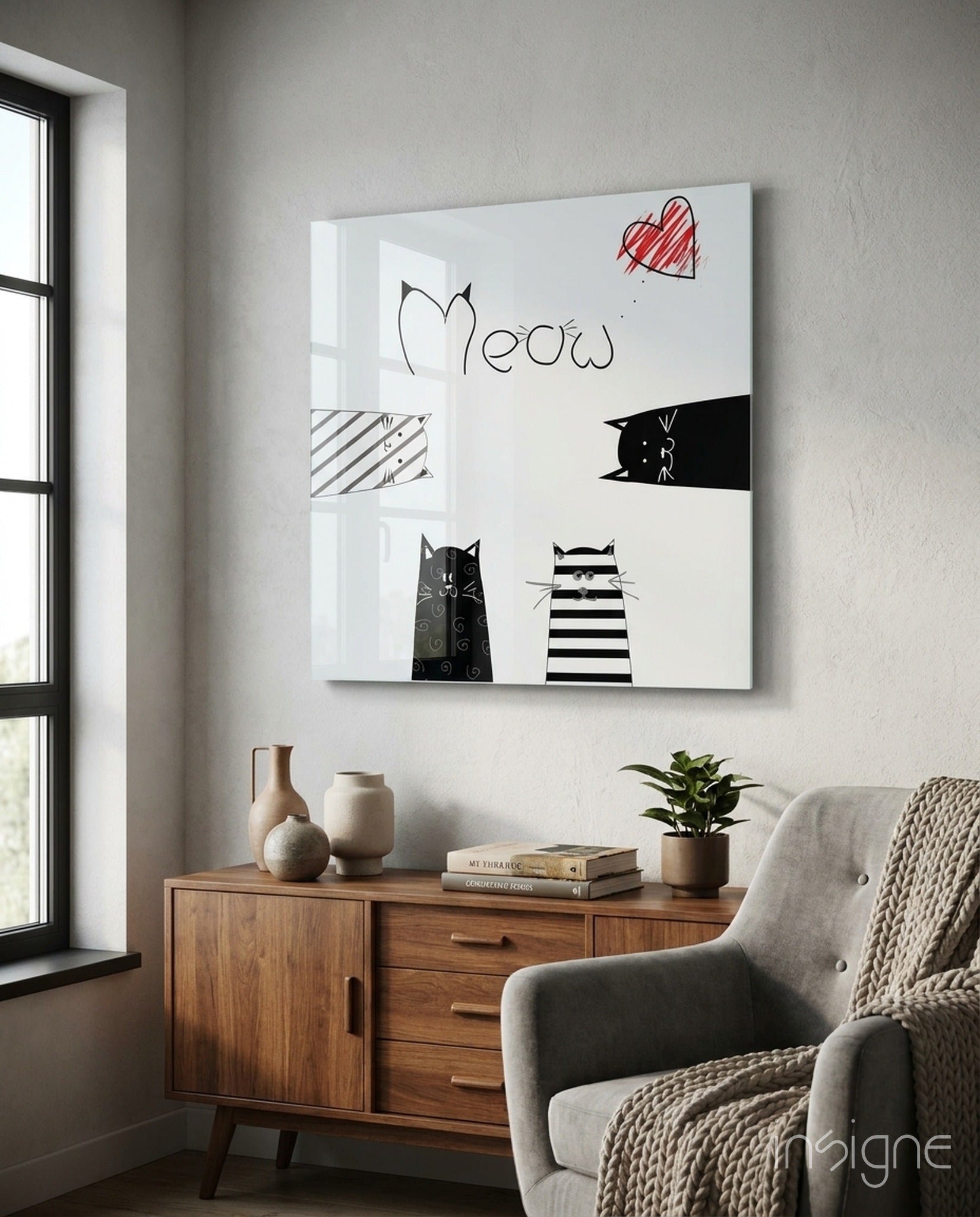 Meow (Cat) Glass Wall Art - Lifestyle preview in a designer interior