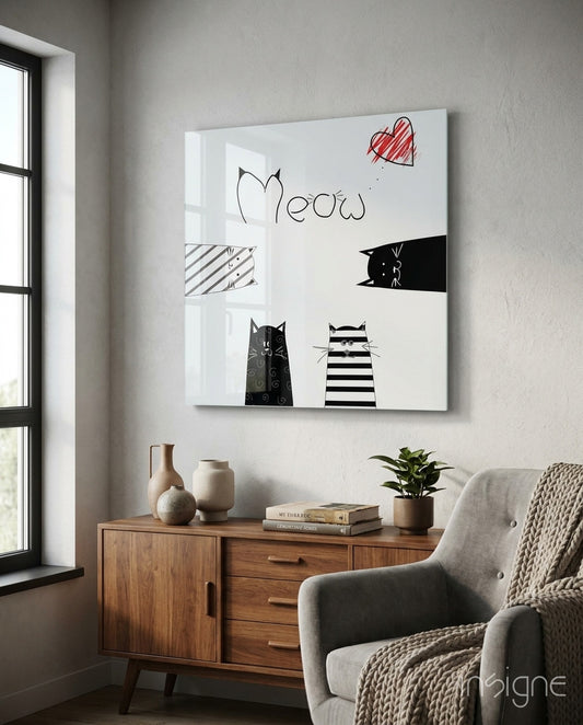 Meow (Cat) Glass Wall Art - Lifestyle preview in a designer interior