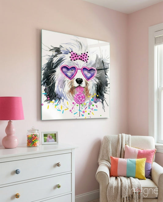 Cute Dog Glass Wall Art - Lifestyle preview in a designer interior