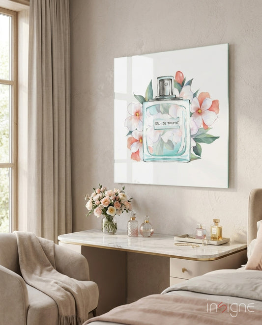 Eau De Toilette Glass Wall Art - Lifestyle preview in a designer interior
