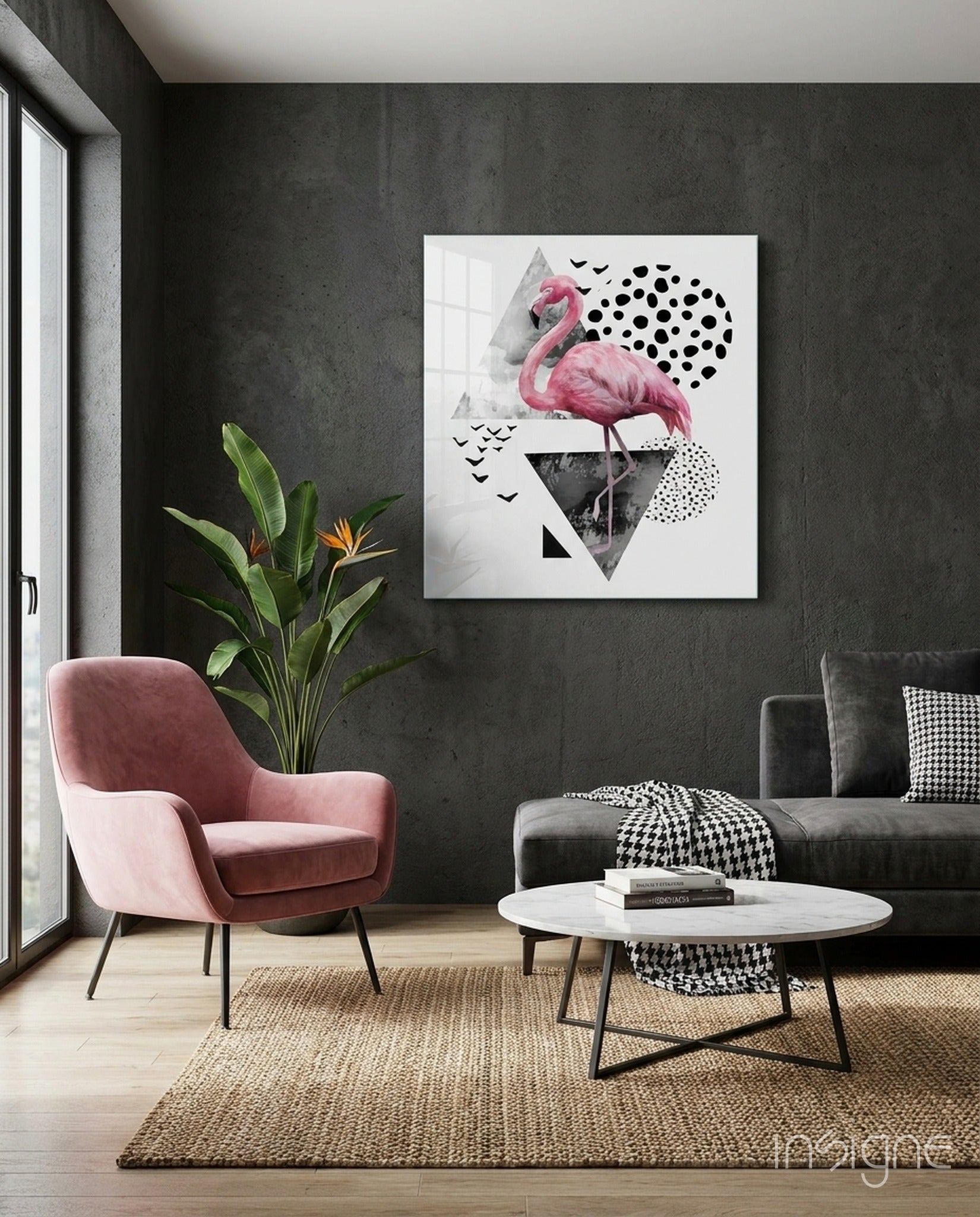 Flamingo Glass Wall Art - Lifestyle preview in a designer interior