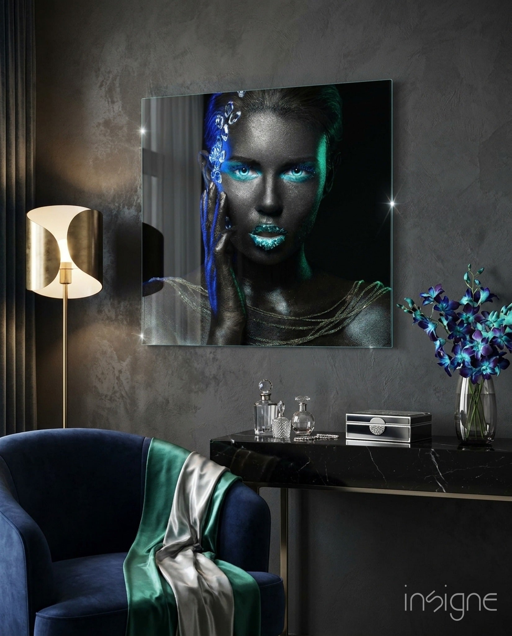 Woman Glass Wall Art - Lifestyle preview in a designer interior