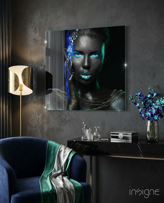 Woman Glass Wall Art - Lifestyle preview in a designer interior