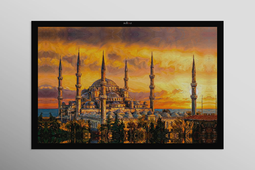 Golden Sunset Serenade: Blue Mosque — 3D Haptic Embossed High-Gloss Luxury Wall Art