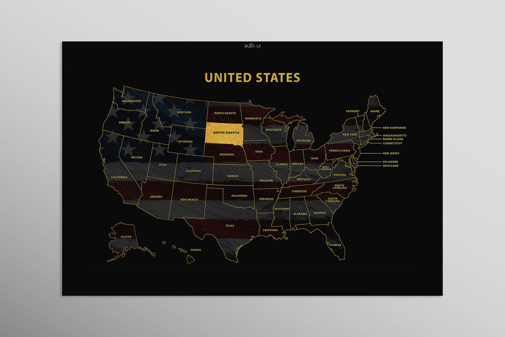 South Dakota State Map — Haptic 3D Embossed Metal Wall Art rolled canvas preview D
