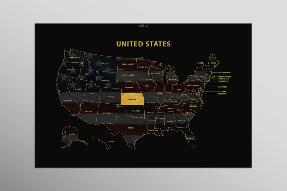 Kansas State Map — Haptic 3D Embossed Metal Wall Art rolled canvas preview D