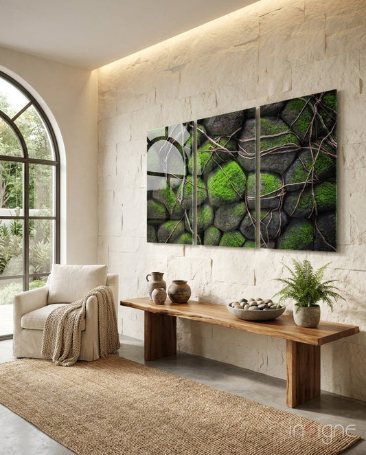 Mossy Stones Mega Glass Wall Art - Lifestyle preview in a designer interior