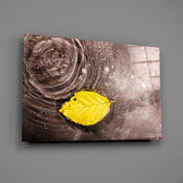 Close-up of the yellow autumn leaf resting on rain-rippled water