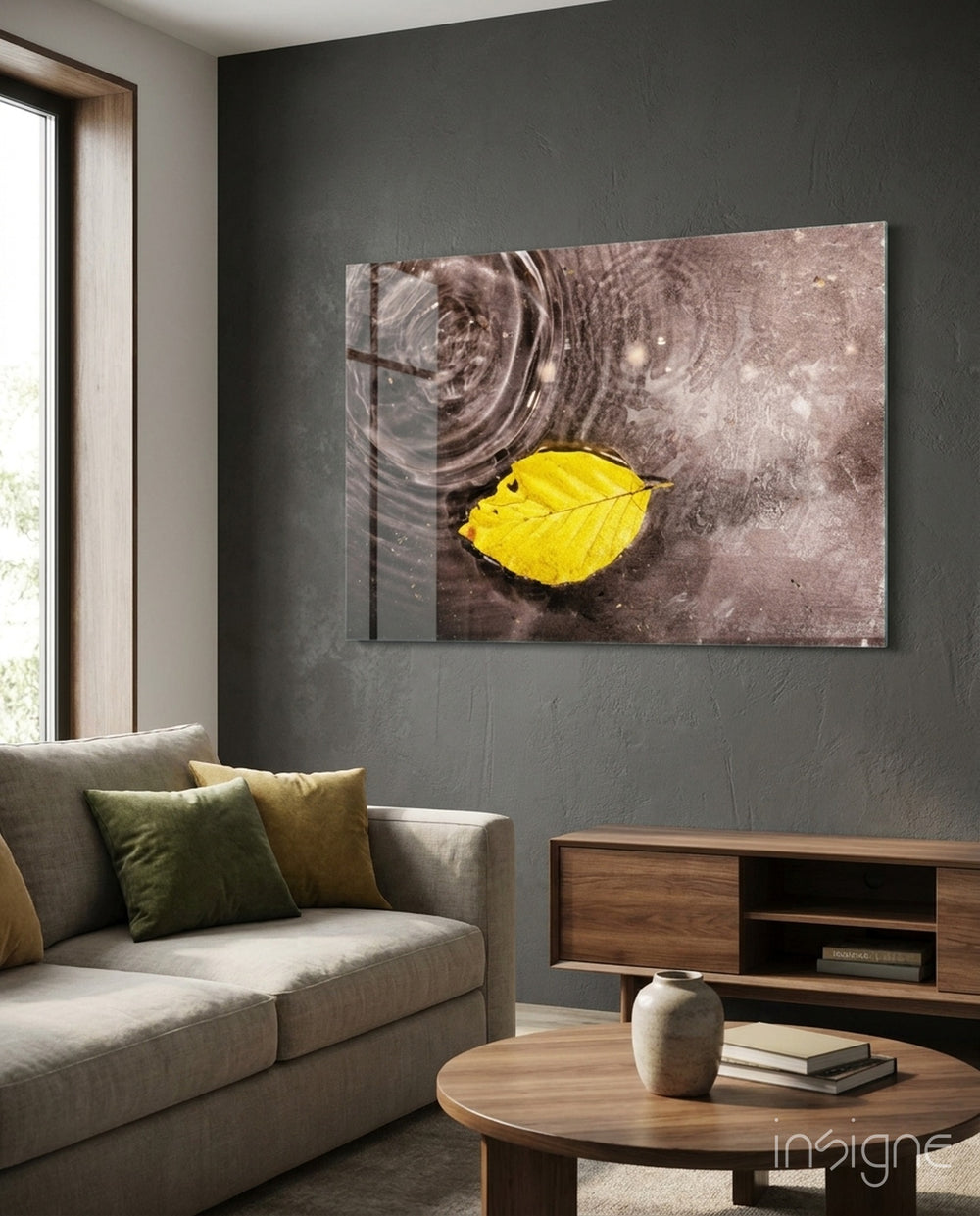 Yellow Leaf glass wall art styled above a console in a designer interior
