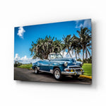 Vintage blue Chevrolet convertible glass panel in a contemporary living space