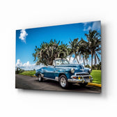Vintage blue Chevrolet convertible glass panel in a contemporary living space