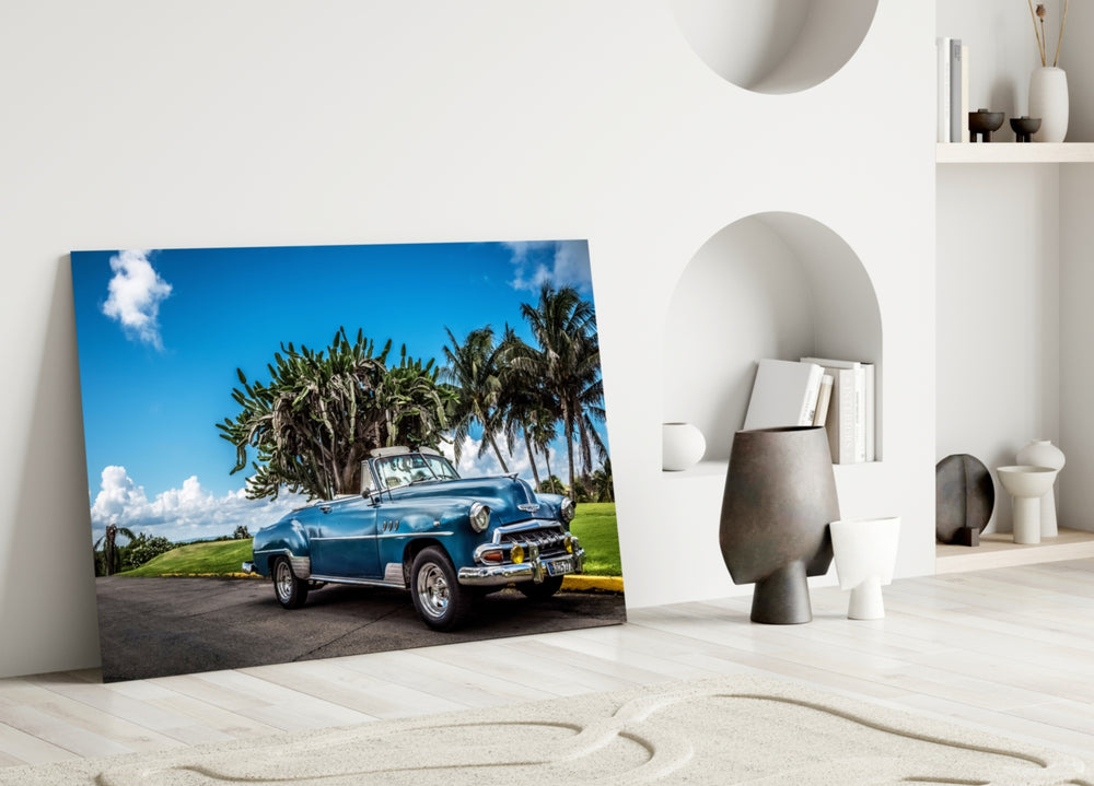 Chevrolet Classic Car glass wall art styled above a living room sofa with vintage character