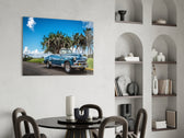 Chevrolet Classic Car glass print anchoring the wall of a personal man cave lounge