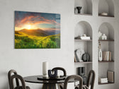 Valley glass print enhancing a hallway with open-horizon warmth