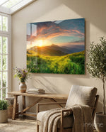 Valley glass wall art displayed above a console in a designer interior