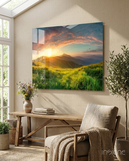 Valley glass wall art displayed above a console in a designer interior