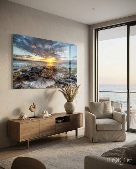 Sea View glass wall art displayed above a console in a designer interior