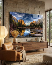 Lake glass wall art displayed above a console in a designer interior
