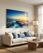 Sea View turquoise glass wall art displayed above a console in a designer interior