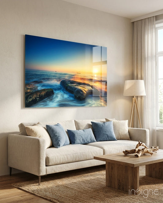 Sea View turquoise glass wall art displayed above a console in a designer interior