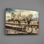 Close-up detail of the vintage bicycle with Notre-Dame across the Seine