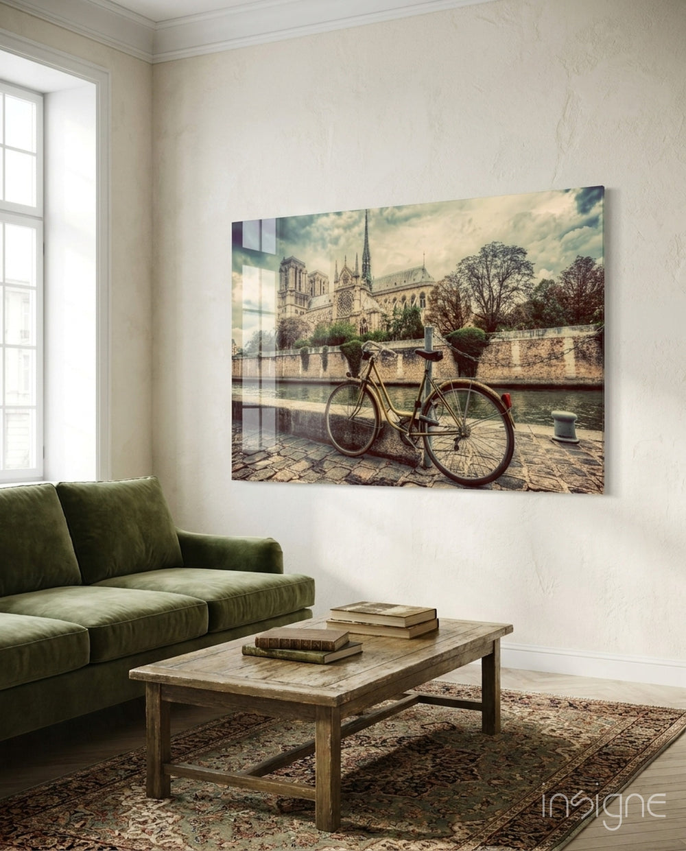 Bicycle Notre-Dame glass wall art displayed above a console in a designer interior