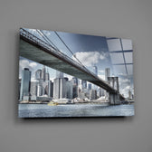 Close-up detail of the Brooklyn Bridge cables framing Manhattan