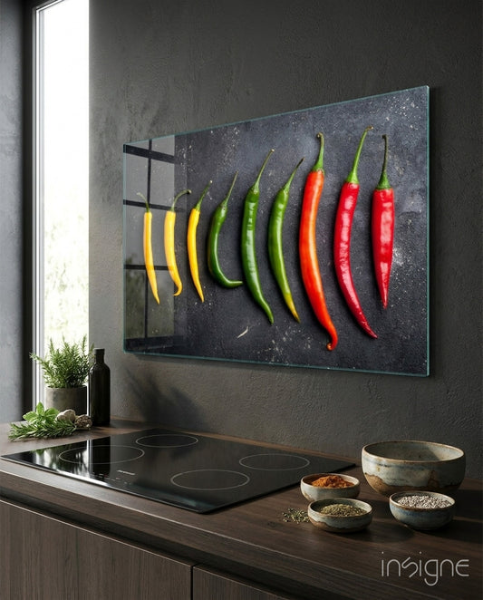 Pepper glass wall art displayed above a console in a designer interior