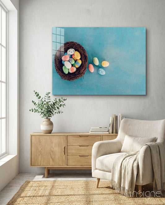 Easter Egg glass wall art displayed above a console in a designer interior