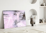 Abstract glass wall art styled above a bed in a calm, feminine bedroom