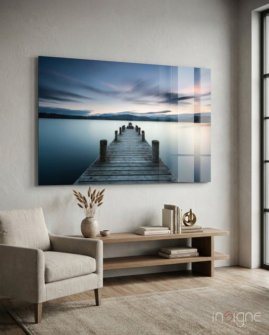Dock glass wall art displayed above a console in a designer interior