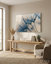 Flower dandelion glass wall art displayed above a console in a designer interior