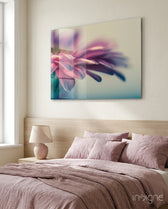 Flower pink gerbera glass wall art displayed above a console in a designer interior